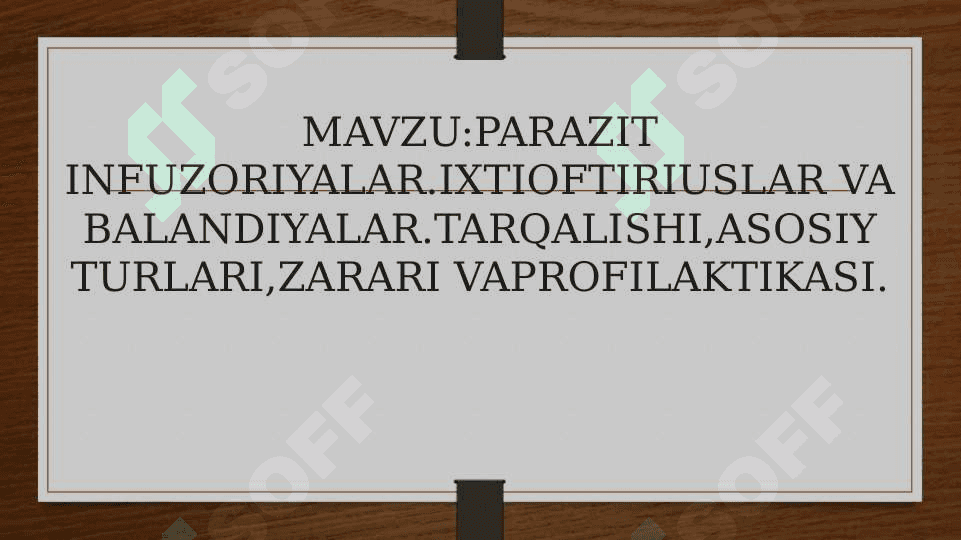 Parazitologiya.INFUZORIYALAR.IXTIOFTIRIUSLAR VA BALANDIYALAR.TARQALISHI,ASOSIY TURLARI,ZARAR VAPROFILAKTIKASI.mavzusida ppt. 2