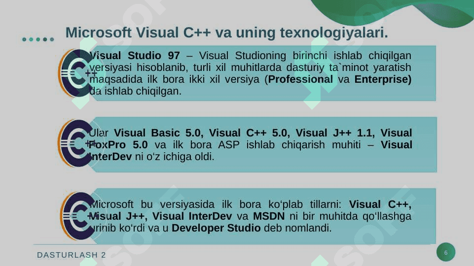 VISUAL C++ MUHITIDA DASTURLASH. VISUAL C++ MUHITIDA MENYULAR VA USKUNALAR PANELI. 6