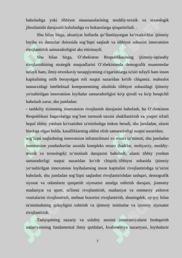 O'zbekistonda byudjetdan moliyalashtiriladigan ijtimoiy loyihalar va dasturlarning  samaradorligini baholash. 7