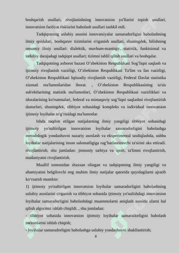 O'zbekistonda byudjetdan moliyalashtiriladigan ijtimoiy loyihalar va dasturlarning  samaradorligini baholash. 8