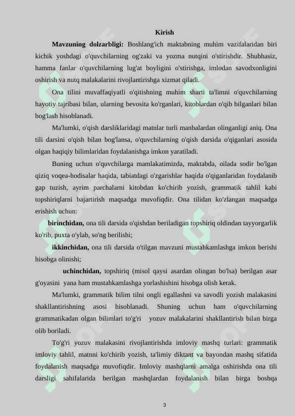 Boshlangich sinf o’quvchilarining yozma nutqini o’stirishda diktant va boshqa yozishmalarning ahamiyati 3