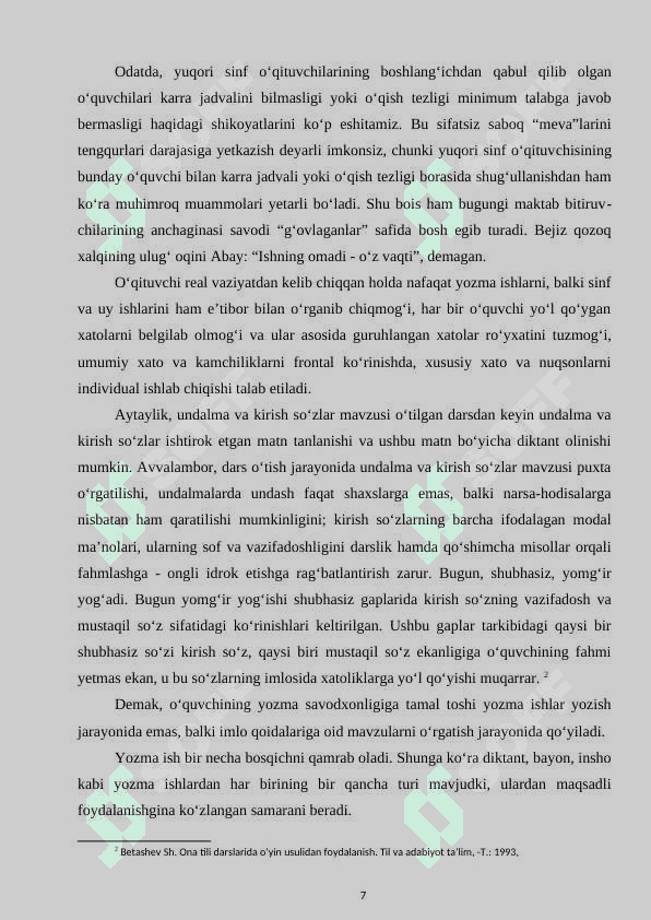 Boshlangich sinf o’quvchilarining yozma nutqini o’stirishda diktant va boshqa yozishmalarning ahamiyati 7
