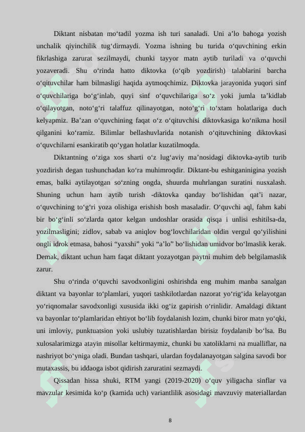 Boshlangich sinf o’quvchilarining yozma nutqini o’stirishda diktant va boshqa yozishmalarning ahamiyati 8