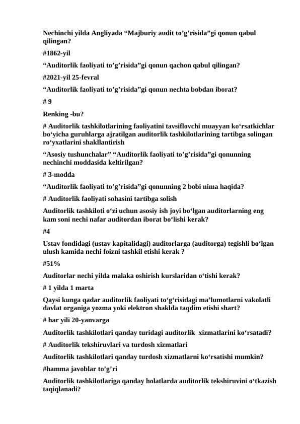 Audit 200 ga yaqin test javobi bilan