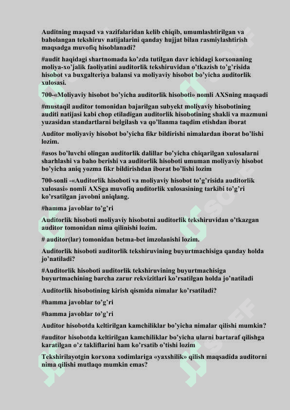 Audit fanidan 250 ta maxsus savol va javoblar to'plami 7