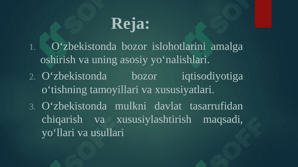 IQTISODIY ISLOHOTLAR, XUSUSIY MULKCHILIKNING SHAKLLANISHI. O’ZBEKISTONDA BOZOR MUNOSABATLARINING RIVOJLANISHI 2