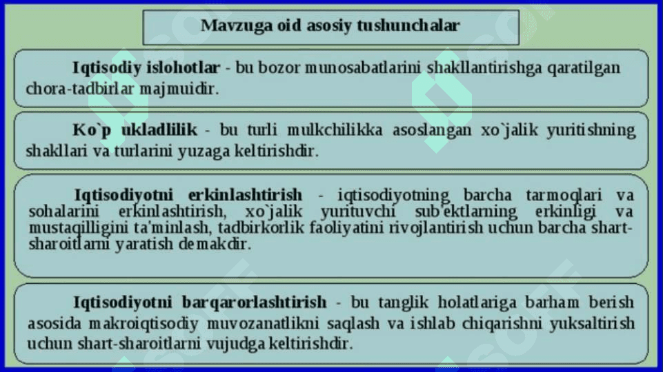 IQTISODIY ISLOHOTLAR, XUSUSIY MULKCHILIKNING SHAKLLANISHI. O’ZBEKISTONDA BOZOR MUNOSABATLARINING RIVOJLANISHI 8