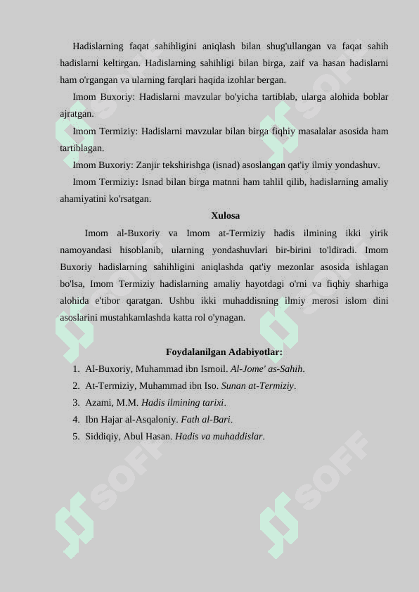 IMOM BUXORIY VA IMOM TERMIZIYNING HADIS ILMIGA QO'SHGAN HISSALARINI QIYOSIY TAHLILI 2