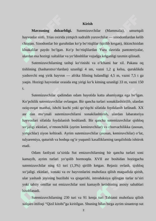 Sutemizuvchilar sinfi va ularning sistematikasi 2