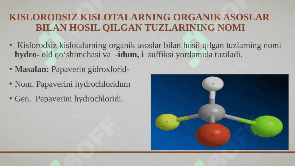 Asos tuzlarning nomi. Kislorodsiz kislotalarning organik  asoslar bilan hosil qilgan tuzlarining nomi 3