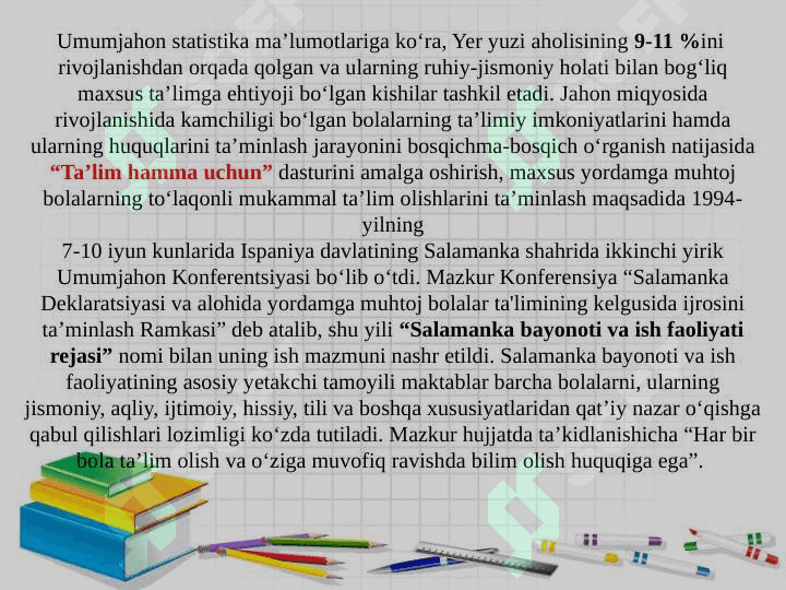 Inklyuziv taʼlimning butun jahonda eʼtirof etilishining mohiyati va bu talim tizimining barcha uchun ochiqligi tamoyili 4