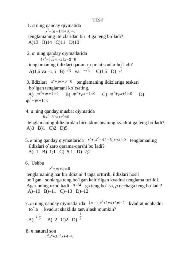 Matematika testlar 1