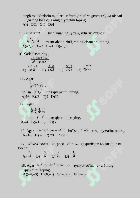 Matematika testlar 2