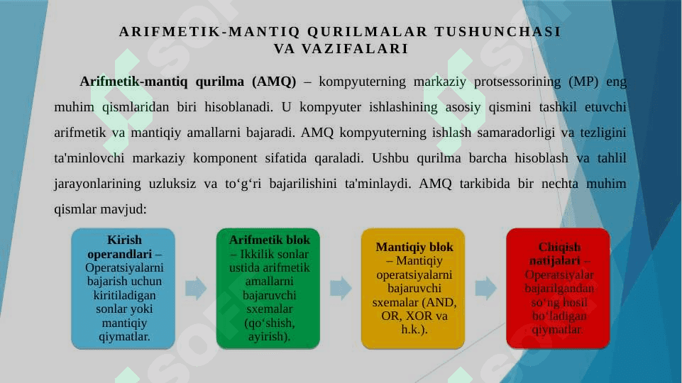 Arifmetik-mantiq qurilmalar. Yarim qo'shuvchi. Toʻla qoʻshuvchi. Arifmetik-mantiq qurilmalar arxitekturasi va turlari 3