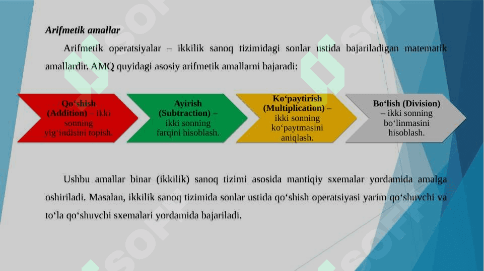 Arifmetik-mantiq qurilmalar. Yarim qo'shuvchi. Toʻla qoʻshuvchi. Arifmetik-mantiq qurilmalar arxitekturasi va turlari 4