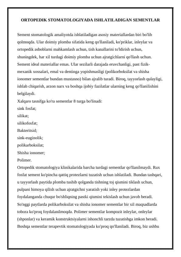 ORTOPEDIK STOMATOLOGIYADA ISHLATILADIGAN SEMENTLAR