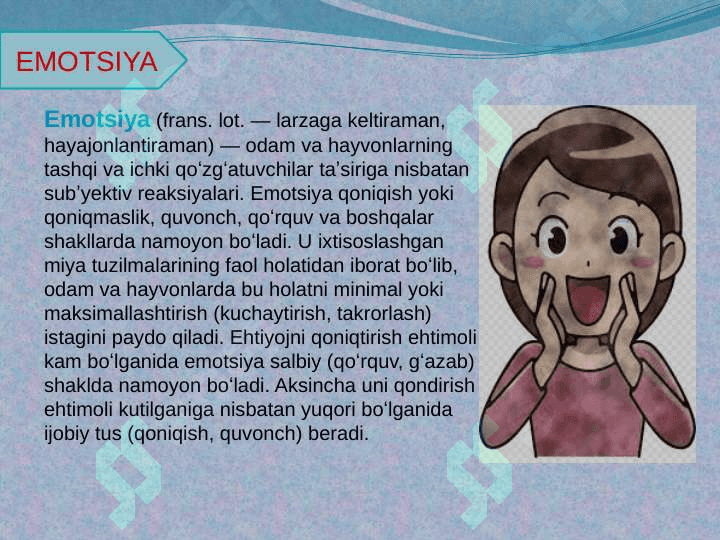 Emotsional ta`sirlarga javob berish va uning har xil turlari xarakteristikasi 2