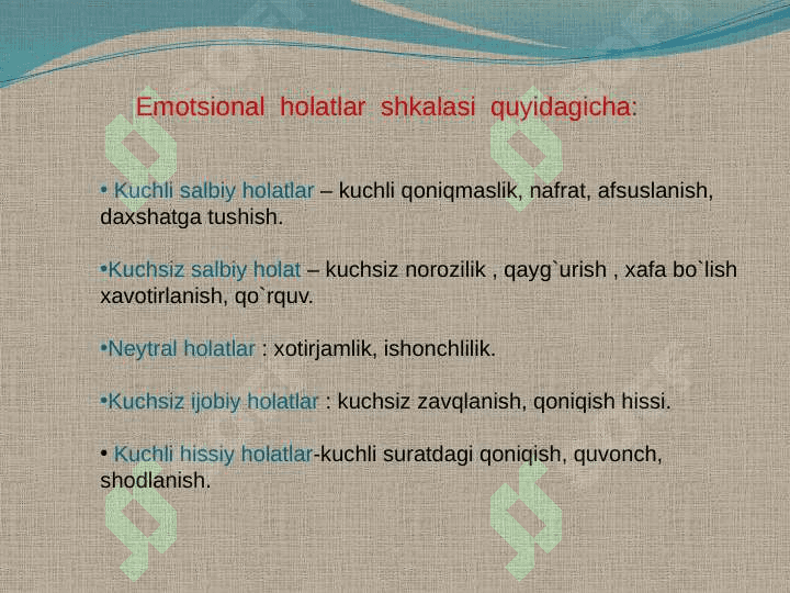 Emotsional ta`sirlarga javob berish va uning har xil turlari xarakteristikasi 6