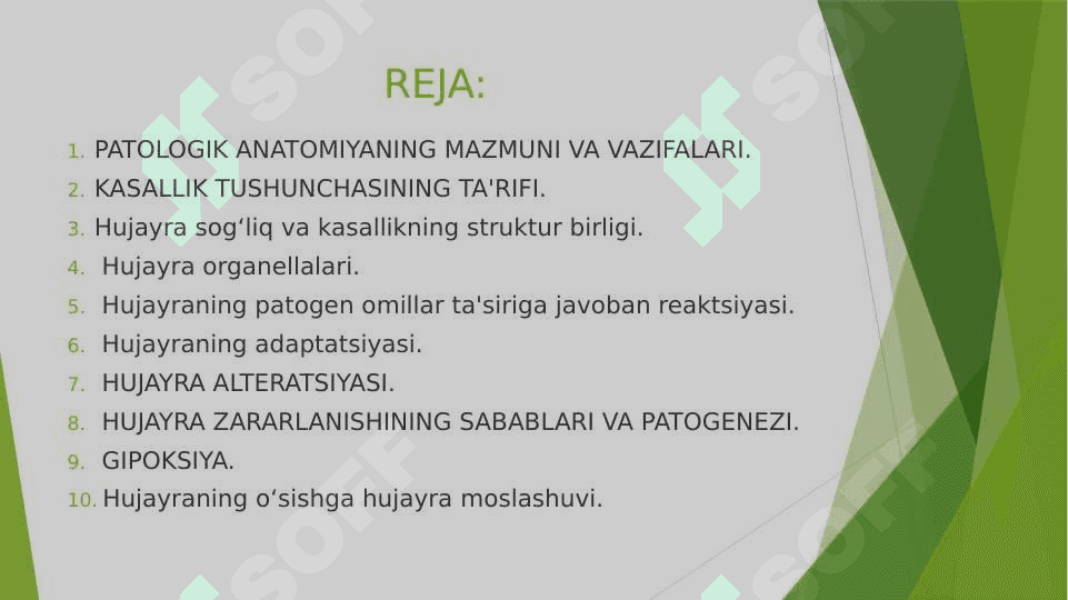 Hujayra sog‘liq va kasallikning struktur birligi. Patologiyaga kirish. Zararli ta’sirlar va ruhiy zo’riqishga nisbatan hujayra reaksiyasi. Differensiyalanish va o‘sishga hujayra moslashuvi. 2