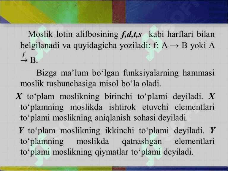 Ikki to‘plam elementlari orasidagi moslik. Moslikning grafi va grafigi. 6
