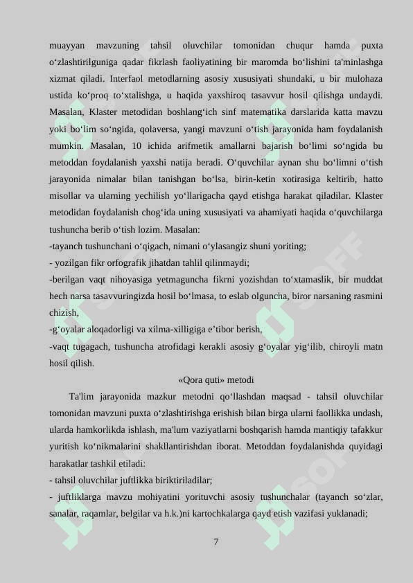 Boshlang’ich 1-2 sinflarda matematika darslarida masala yechishga o’rgatishda interfaol metodlardan foydalanish 7