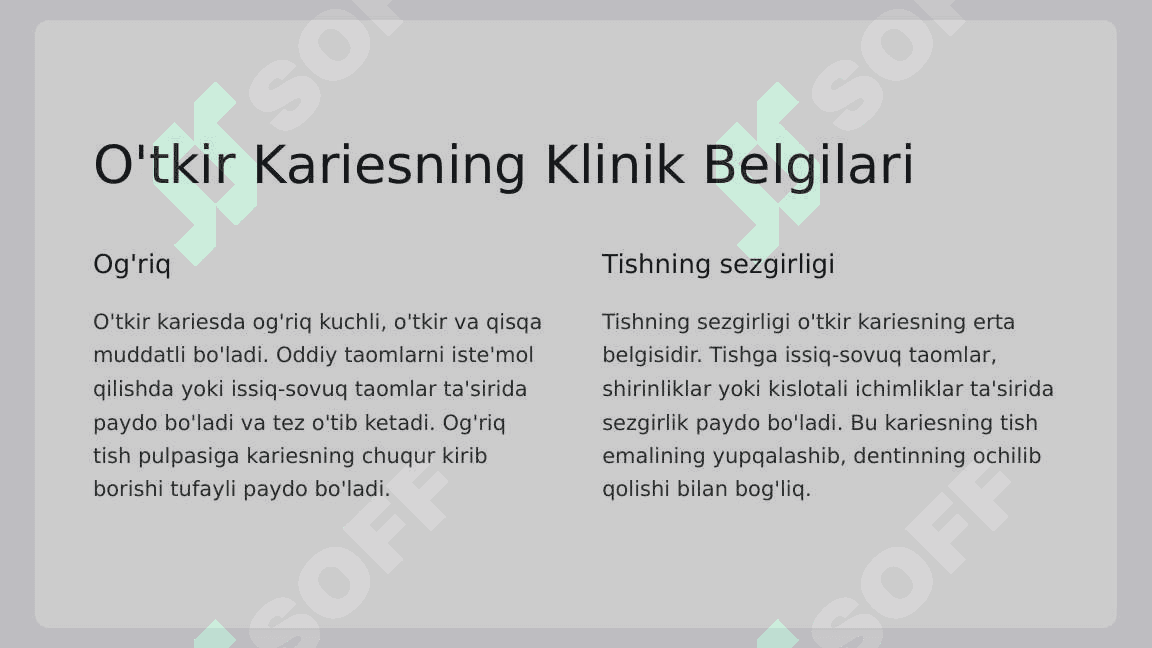 Chuqur karies.  O‘tkir va surunkali  shakllarini klinik  kechishi,  tashxislash, qiyosiy  tashxisi. Fizikaviy  tekshirish usullari  (termoelektroodonto  diagnostika). 6