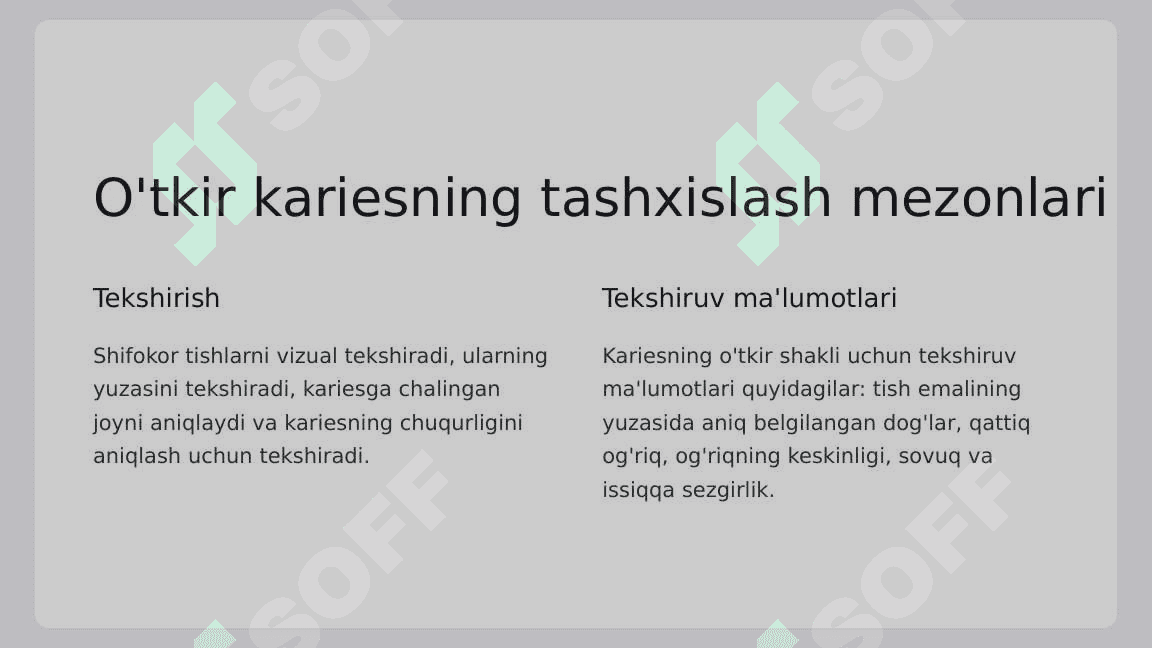Chuqur karies.  O‘tkir va surunkali  shakllarini klinik  kechishi,  tashxislash, qiyosiy  tashxisi. Fizikaviy  tekshirish usullari  (termoelektroodonto  diagnostika). 7