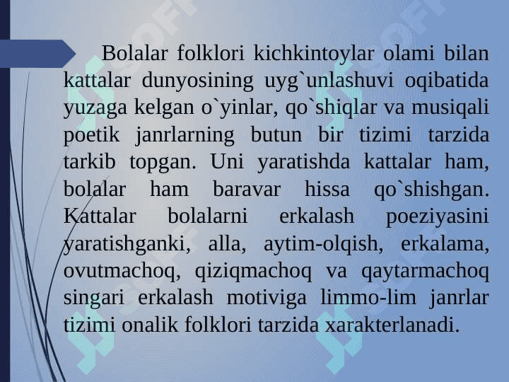 BOLALAR FOLKLORINING JANRLAR TARKIBI VA  BADIIYATI. ALLA 5