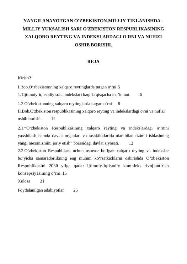 YANGILANAYOTGAN O'ZBEKISTON.MILLIY TIKLANISHDA -MILLIY YUKSALISH SARI O'ZBEKISTON RESPUBLIKASINING XALQORO REYTING VA INDEKSLARDAGI O'RNI VA NUFIZI OSHIB BORISHI
