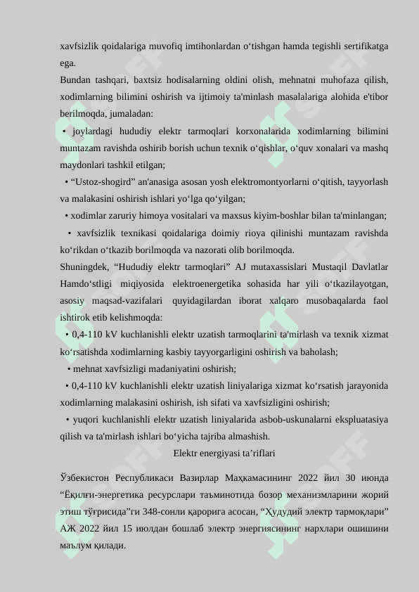 ELEKTR TARMOQLARI MOLIYA-IQTISODIYOT BO’LIMI 5