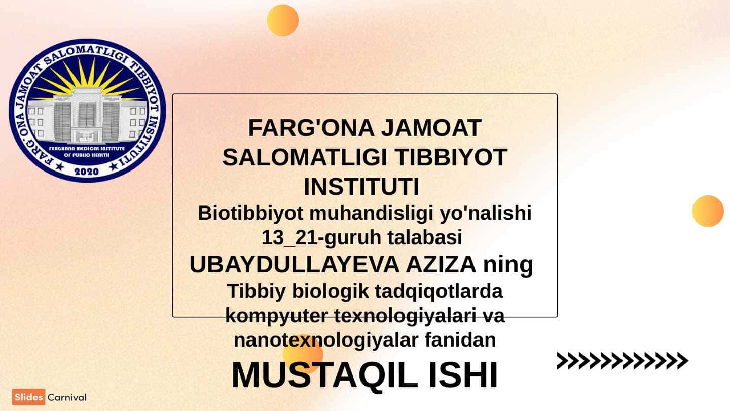 Biotibbiyot jarayonlarini dasturiy asoslari va uning elementlari 1