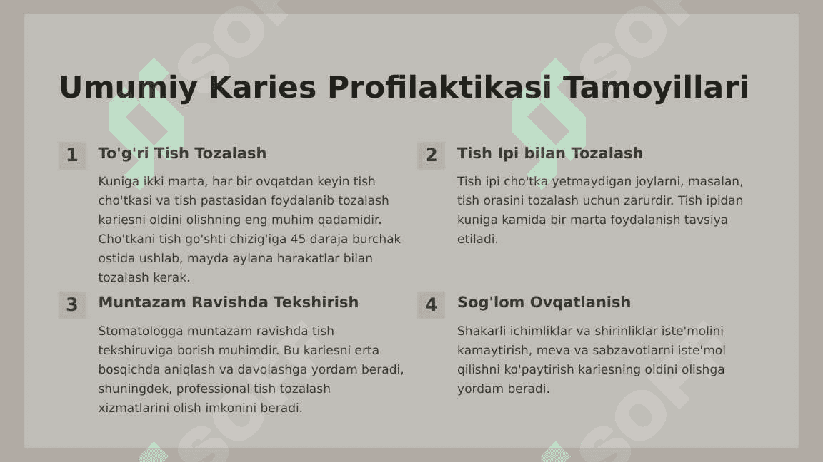 Karies kasalligini  profilaktikasi.  Kariesni profilaktik  omillar guruhi  haqida ma’lumot. 4