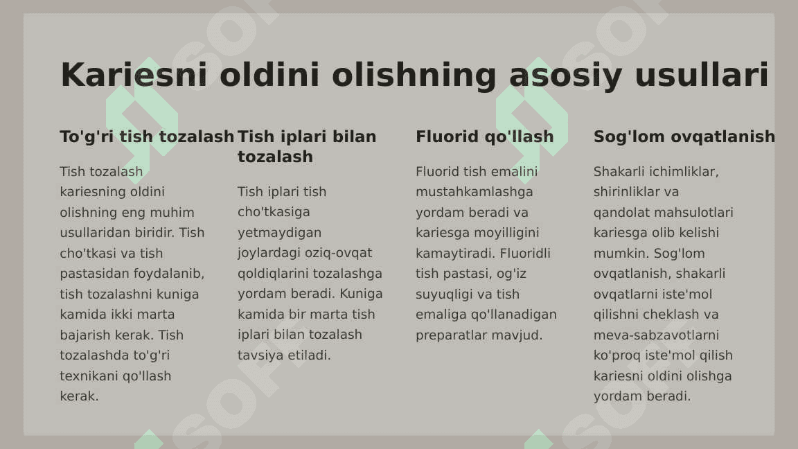 Karies kasalligini  profilaktikasi.  Kariesni profilaktik  omillar guruhi  haqida ma’lumot. 8
