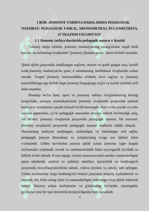 JISMONIY TARBIYA DARSLARIDA PEDAGOGIK NAZORAT: PEDAGOGIK TAHLIL, XRONOMETRAJ, PULSOMETRIYA, O`TKAZISH USLUBIYATI 4