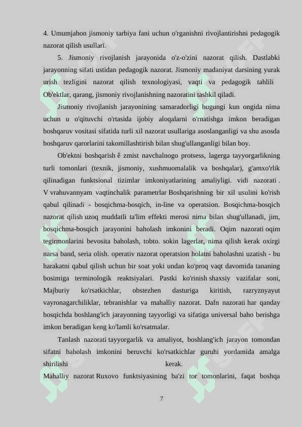 JISMONIY TARBIYA DARSLARIDA PEDAGOGIK NAZORAT: PEDAGOGIK TAHLIL, XRONOMETRAJ, PULSOMETRIYA, O`TKAZISH USLUBIYATI 7