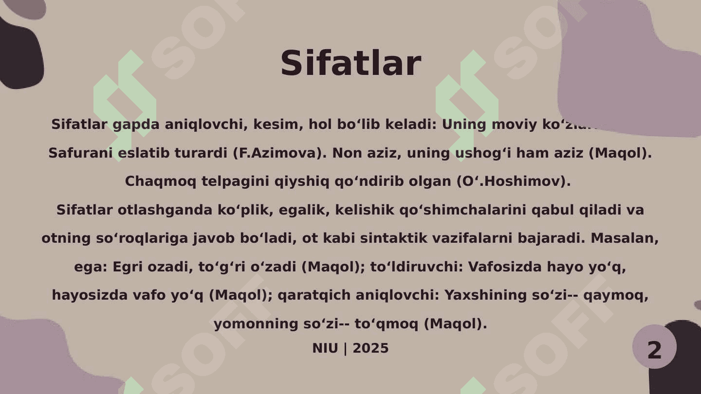 Sifat so'z turkumi yuzasidan amaliy mashqlar bajarish. Asliy va nisbiy sifatlar 3