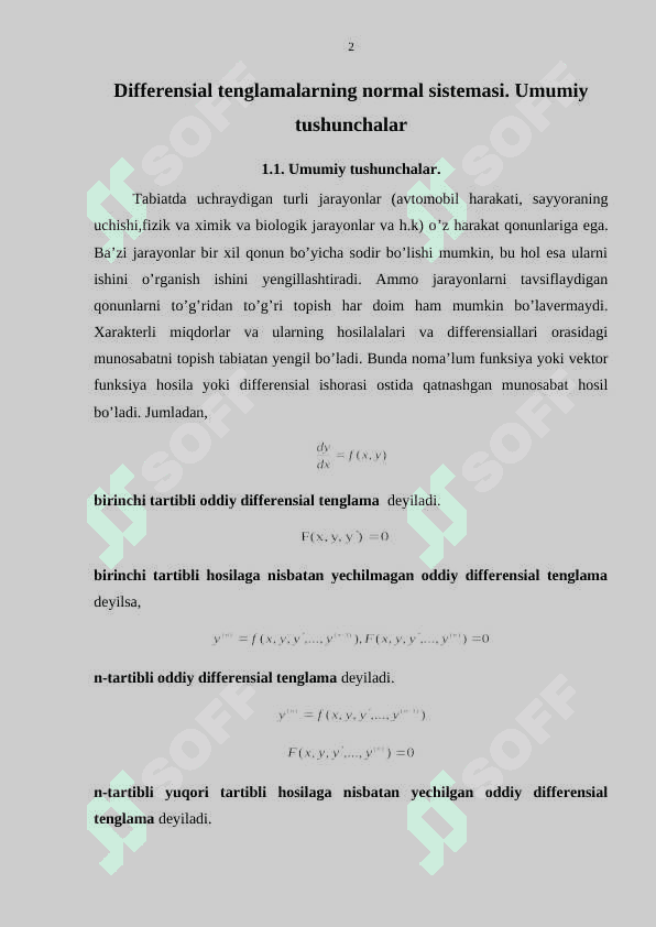 Differensial tenglamalarning normal sistemasi. Umumiy tushunchalar 2