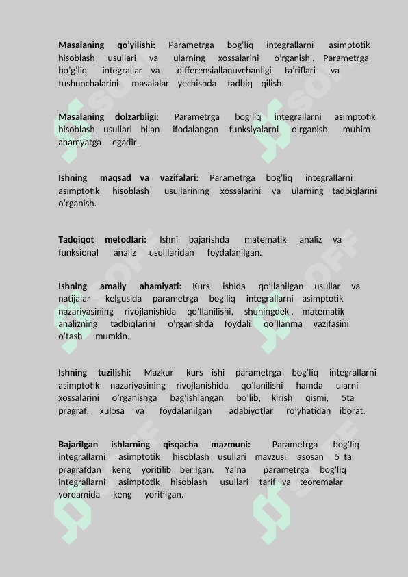 Parametrga bog’liq integrallarni asimptotik hisoblash usullari 3