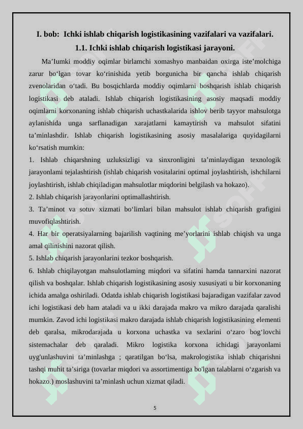 Ichki ishlab chiqarish logistikalarining 5