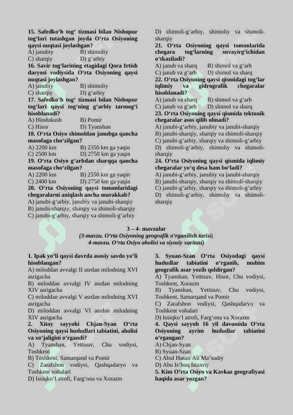 O'RTA OSIYO VA O'ZBEKISTON tabiiy geografiyasi testlar to'plami 4