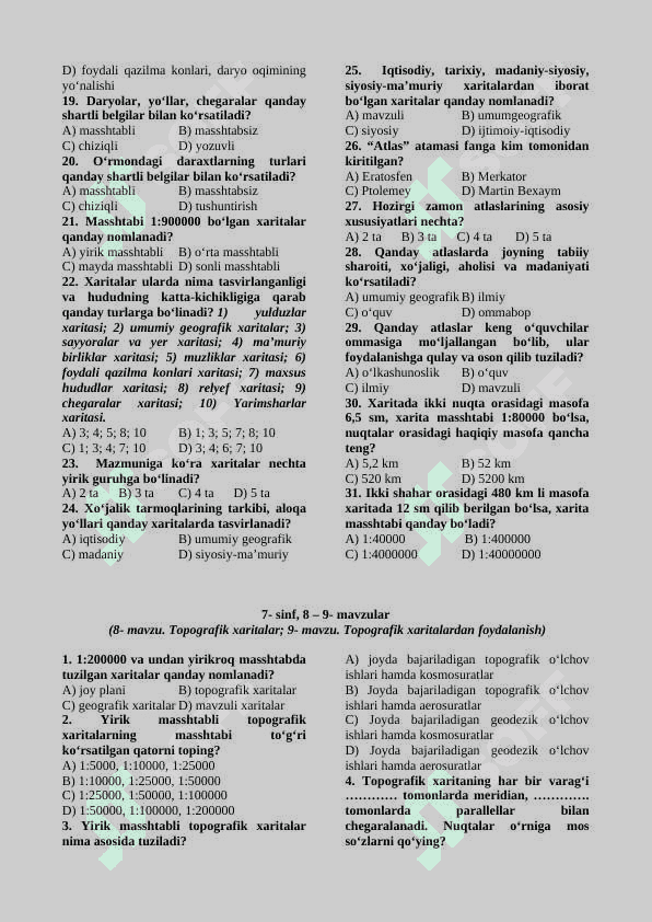 O'RTA OSIYO VA O'ZBEKISTON tabiiy geografiyasi testlar to'plami 7