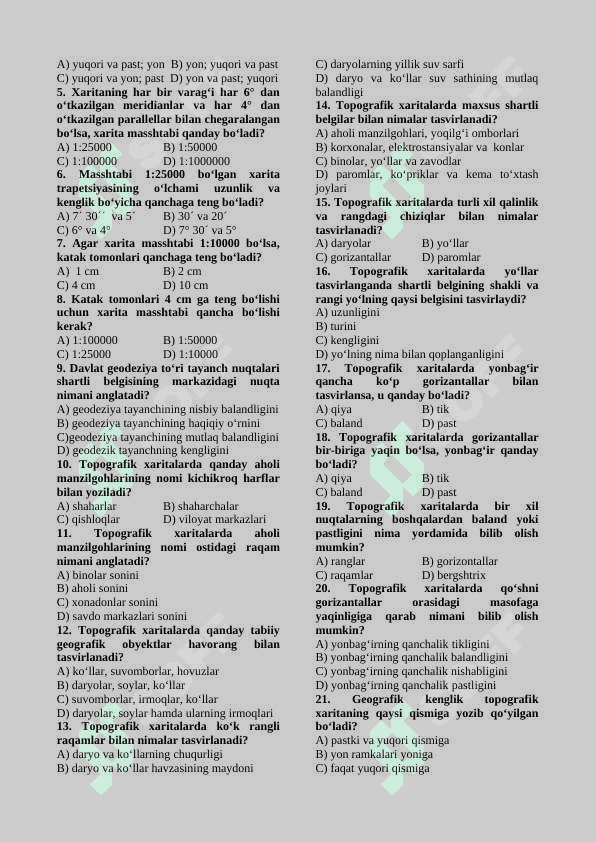 O'RTA OSIYO VA O'ZBEKISTON tabiiy geografiyasi testlar to'plami 8