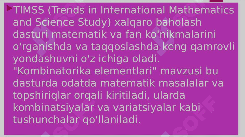 TIMSS xalqaro baholash dasturida Kombinatorika elementlari topshiriqlar mazmun sohasiga oid 2