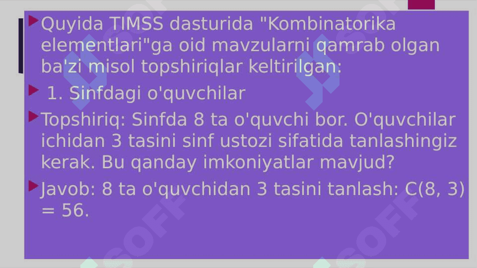 TIMSS xalqaro baholash dasturida Kombinatorika elementlari topshiriqlar mazmun sohasiga oid 3