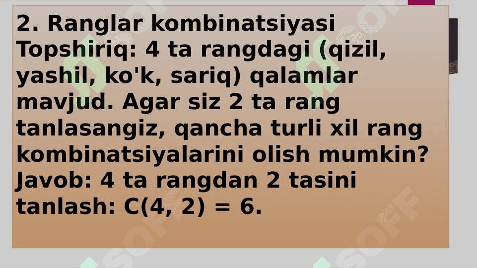 TIMSS xalqaro baholash dasturida Kombinatorika elementlari topshiriqlar mazmun sohasiga oid 4
