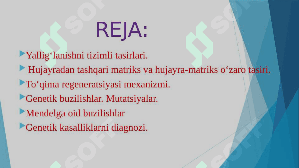Yallig‘lanishni tizimli tasirlari. Hujayradan tashqari matriks va hujayra-matriks o‘zaro tasiri. To‘qima regeneratsiyasi mexanizmi. Genetik buzilishlar. Mutatsiyalar. Mendelga oid buzilishlar. Ko‘p faktorli nasldan o‘tish buzilishlari. Normal kariotip. Noklassik nasldan o‘tadigan monogen kasalliklar. Molekulyar diagnoz. Genetik kasalliklarni diagnozi. 2