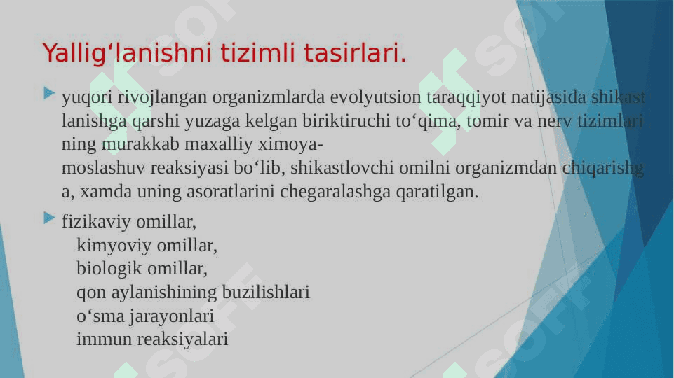 Yallig‘lanishni tizimli tasirlari. Hujayradan tashqari matriks va hujayra-matriks o‘zaro tasiri. To‘qima regeneratsiyasi mexanizmi. Genetik buzilishlar. Mutatsiyalar. Mendelga oid buzilishlar. Ko‘p faktorli nasldan o‘tish buzilishlari. Normal kariotip. Noklassik nasldan o‘tadigan monogen kasalliklar. Molekulyar diagnoz. Genetik kasalliklarni diagnozi. 3
