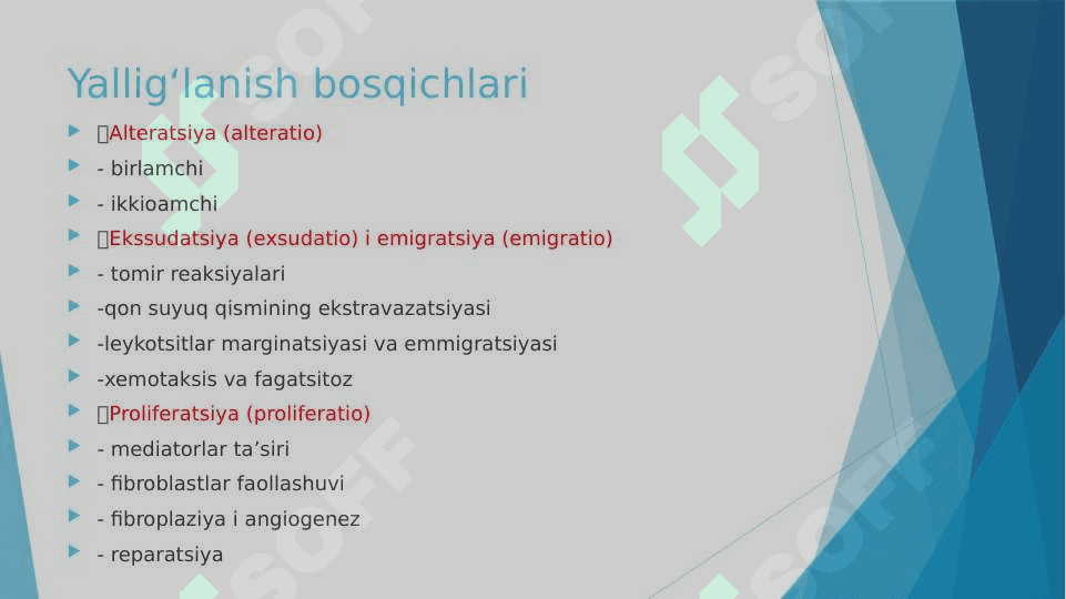 Yallig‘lanishni tizimli tasirlari. Hujayradan tashqari matriks va hujayra-matriks o‘zaro tasiri. To‘qima regeneratsiyasi mexanizmi. Genetik buzilishlar. Mutatsiyalar. Mendelga oid buzilishlar. Ko‘p faktorli nasldan o‘tish buzilishlari. Normal kariotip. Noklassik nasldan o‘tadigan monogen kasalliklar. Molekulyar diagnoz. Genetik kasalliklarni diagnozi. 5