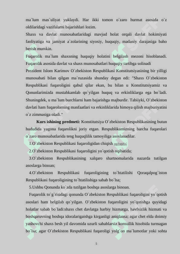 FUQAROLIK TUSHUNCHASI VA O'ZBEKISTON RESPUBLIKASI FUQAROLIGI 5