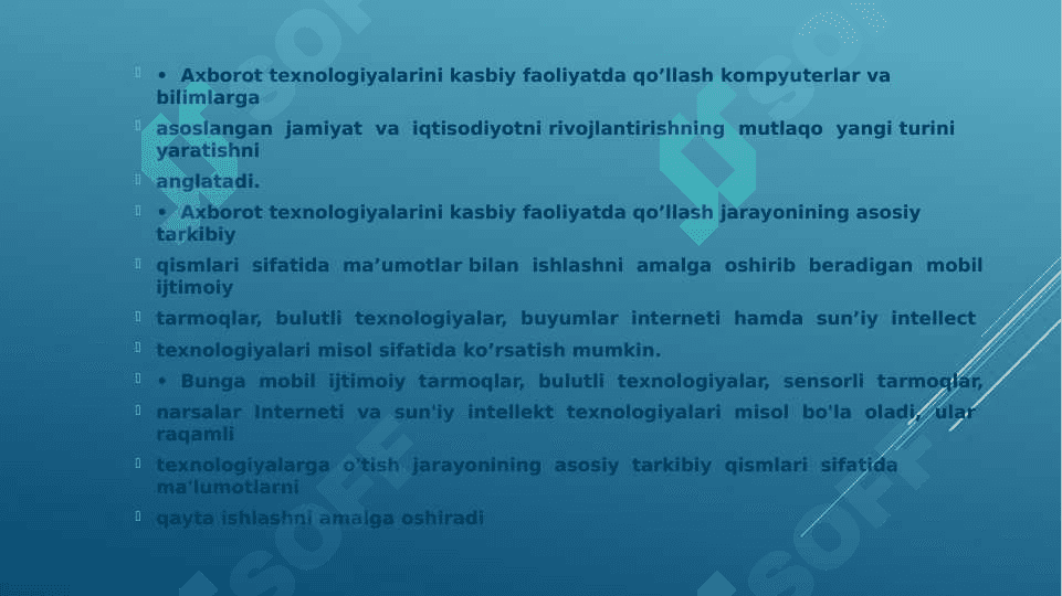 АХBОRОT TЕХNОLОGIYАLАRINiKASBIY FAOLIYATDA QO’LLASH FАNININGРRЕDMЕTI, MАQSАDI VА VАZIFАLАRI 4